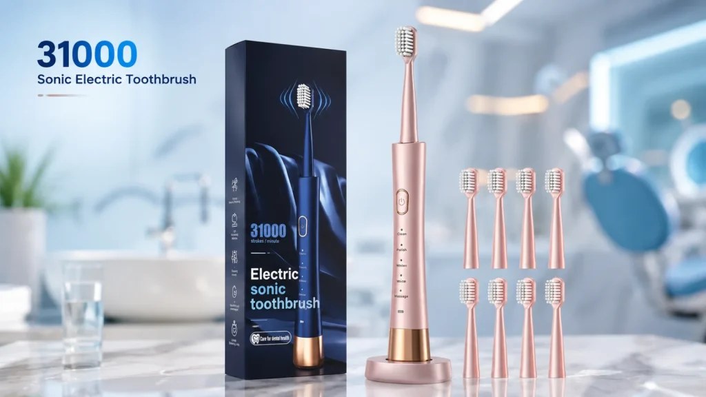 31000 sonic electric toothbrush with replacement brush heads and packaging in a dental clinic background