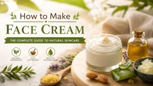 Natural ingredients for making homemade face cream on a clean white background
