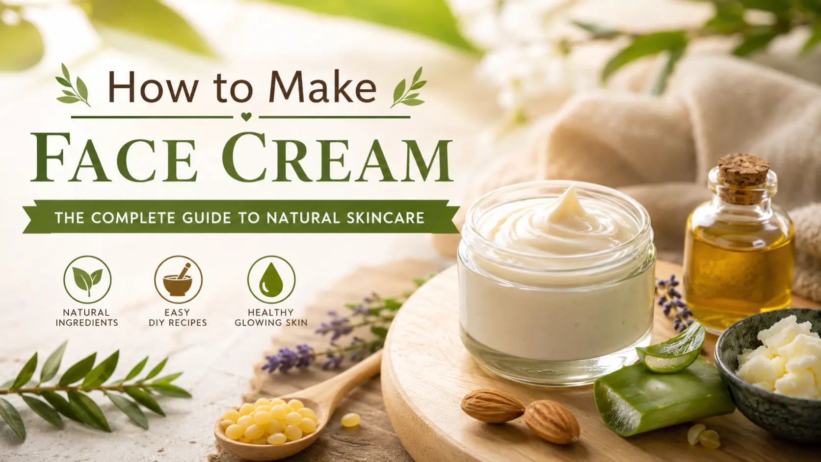 Natural ingredients for making homemade face cream on a clean white background