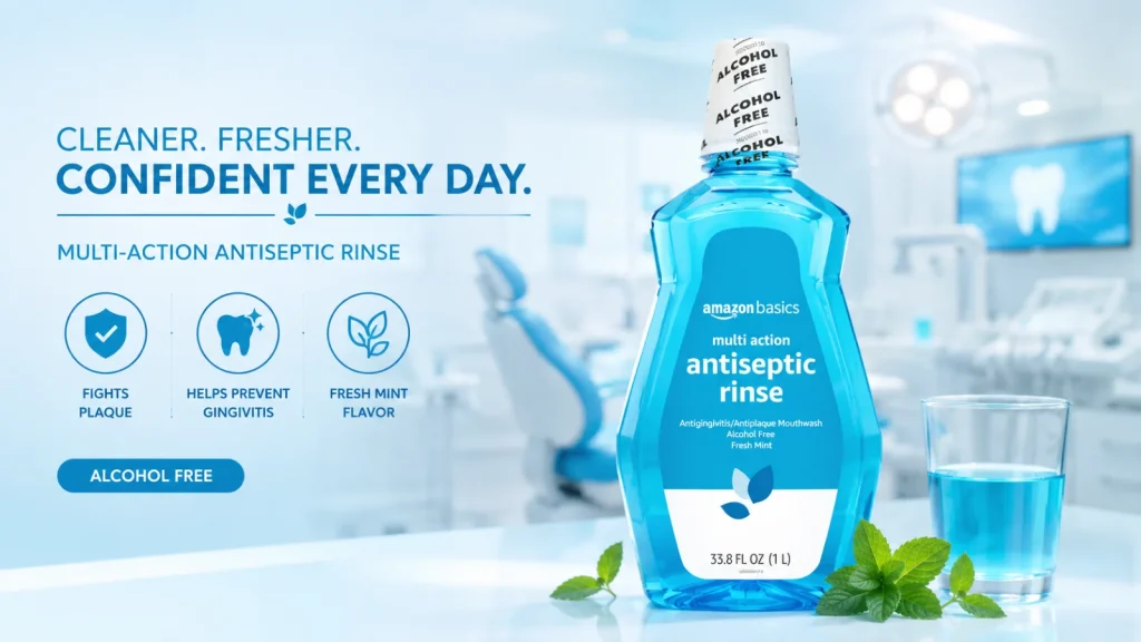 Alcohol free antiseptic mouthwash bottle in a bright dental clinic setting
