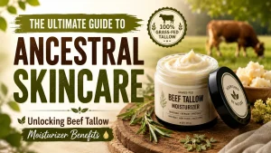 Grass-fed beef tallow moisturizer in a natural skincare jar with herbs and rustic background showcasing ancestral skincare benefits.