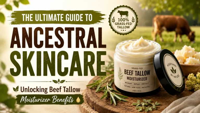 Grass-fed beef tallow moisturizer in a natural skincare jar with herbs and rustic background showcasing ancestral skincare benefits.