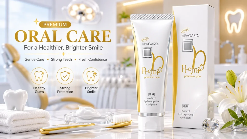 APAGARD Premio hydroxyapatite toothpaste with toothbrush in a modern dental clinic setting