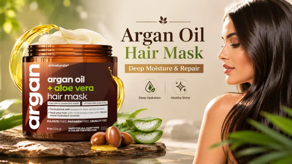 Argan oil and aloe vera hair mask for deep hydration and dry hair repair.