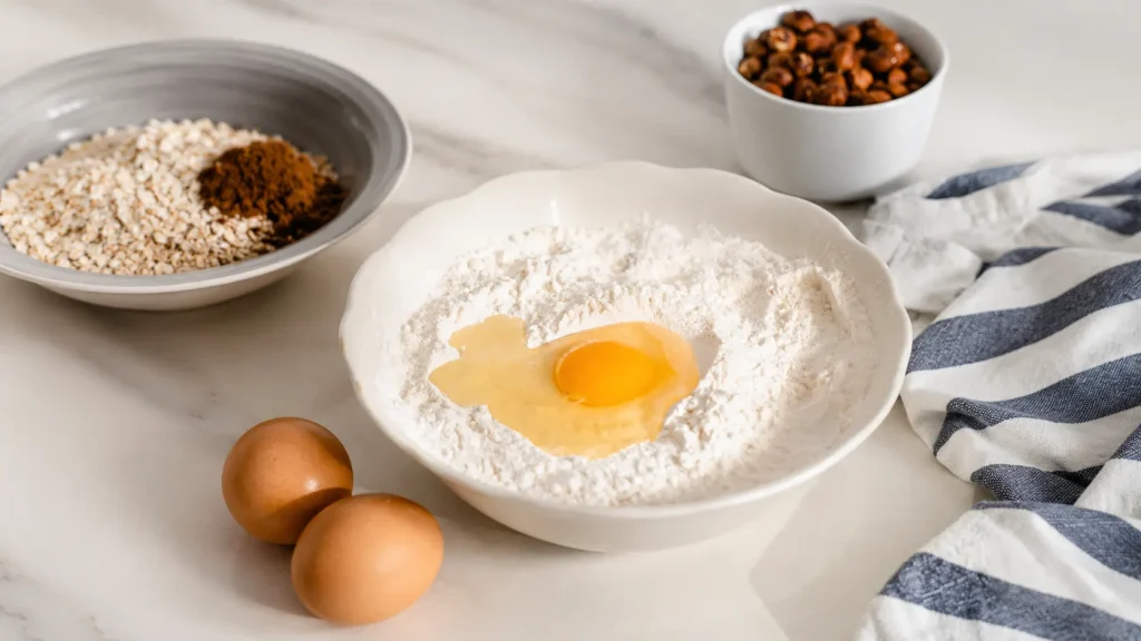 Baking ingredients including flour, fresh egg, oats, cocoa powder, and nuts arranged on a kitchen countertop for homemade baking preparation.