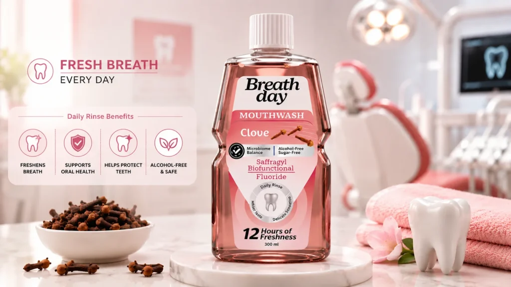 Clove mouthwash bottle with dental clinic background for fresh breath and oral care