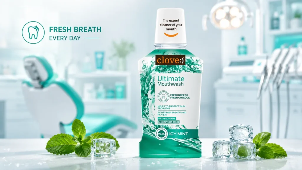 Clove mouthwash bottle with mint leaves in a modern dental clinic background for oral care