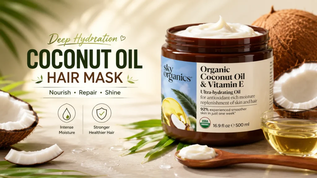 Coconut oil hair treatment for moisturizing dry hair and reducing frizz.