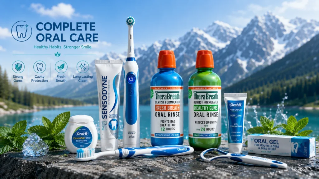Complete oral care kit with electric toothbrush, Thera Breath mouthwash, toothpaste, and dental floss for healthy oral care routine