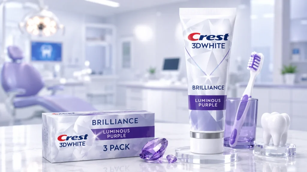 Crest 3DWhite Luminous Purple toothpaste with toothbrush in a modern dental clinic setting