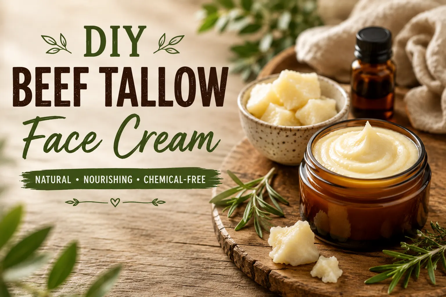 Homemade beef tallow face cream in an amber glass jar with natural ingredients on a rustic wooden surface.