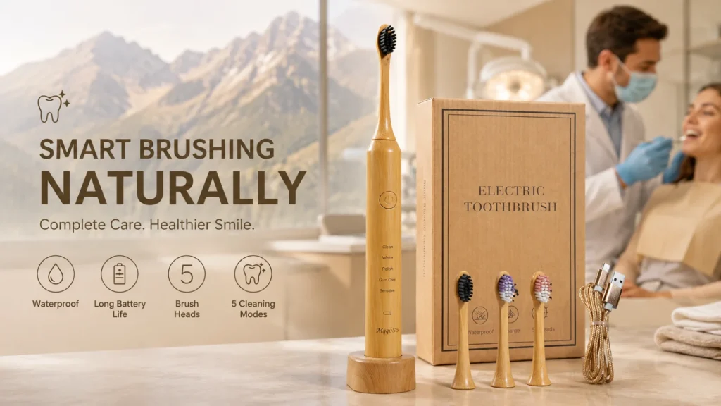 Electric toothbrush with dentist background showing daily oral care routine and better brushing habits