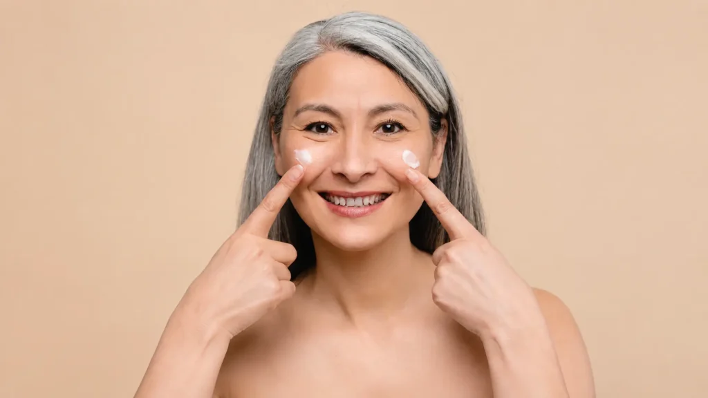 Woman applying estradiol cream to facial skin for menopause-related dryness and skin aging concerns