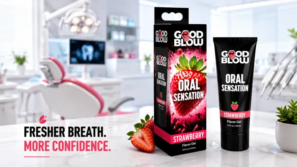 Good Blow Oral Sensation flavor gel product displayed in a modern dental clinic setting