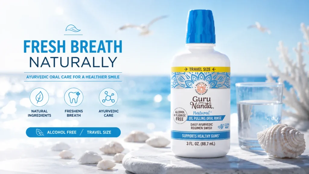 Guru Nanda mouthwash bottle with ocean style background for fresh breath and daily oral care