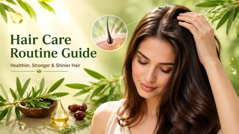 Woman with healthy shiny hair and clean scalp surrounded by rosemary and tea tree botanical ingredients for natural hair care.