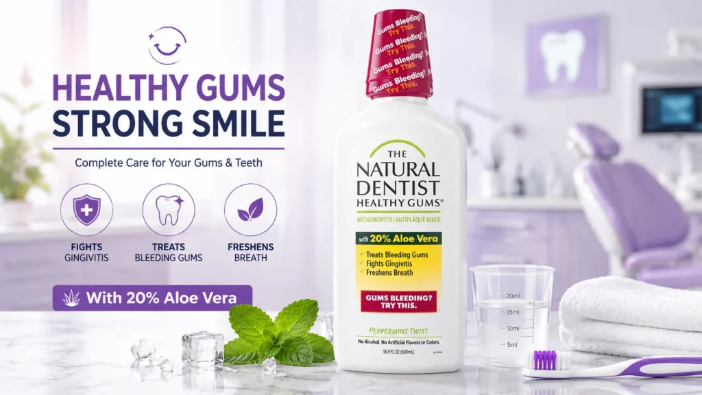 Mouthwash bottle in a dental clinic background for healthy gums and daily oral care routine