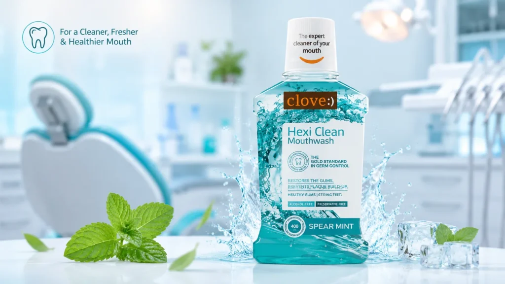 Hexi Clean mouthwash bottle with fresh mint and dental clinic background for oral care