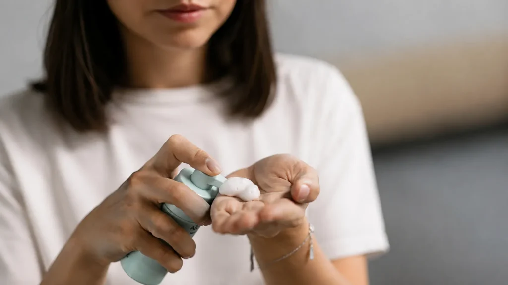 Person dispensing facial cleanser foam into hand during a daily skincare routine