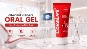Oral gel tube with dental care setup showing how to apply oral gel in a dental clinic
