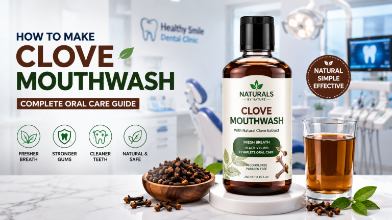 Clove mouthwash bottle with cloves in a dental clinic background for natural oral care