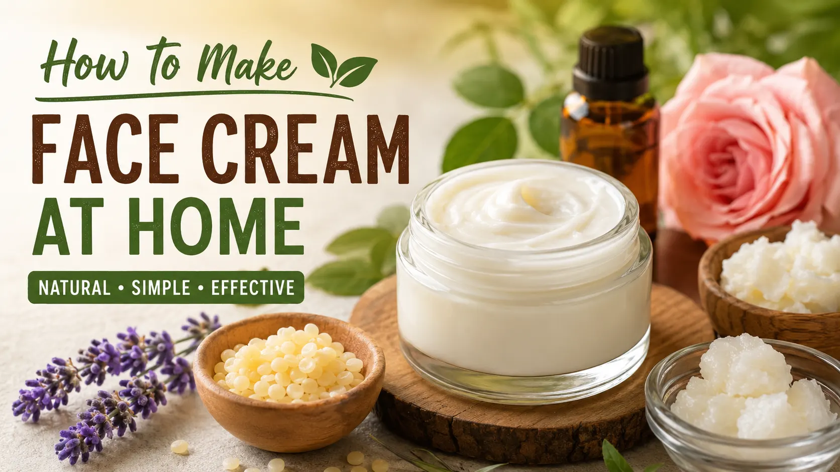Homemade face cream in a glass jar with natural skincare ingredients including beeswax, lavender, rose, coconut oil, and essential oils on a wooden surface, illustrating a DIY face cream recipe at home.