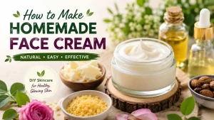 Homemade face cream with natural skincare ingredients including shea butter, beeswax, almond oil, and essential oils arranged on a clean DIY skincare setup.
