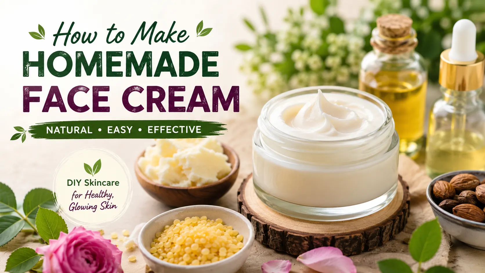 Homemade face cream with natural skincare ingredients including shea butter, beeswax, almond oil, and essential oils arranged on a clean DIY skincare setup.