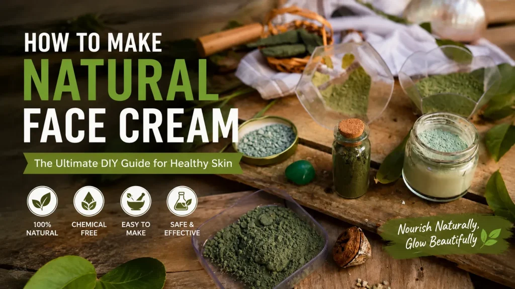 Natural face cream ingredients with herbal powders and DIY skincare supplies on a rustic wooden table for homemade skincare.