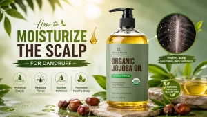 Organic jojoba oil bottle for moisturizing scalp and healthy hair care
