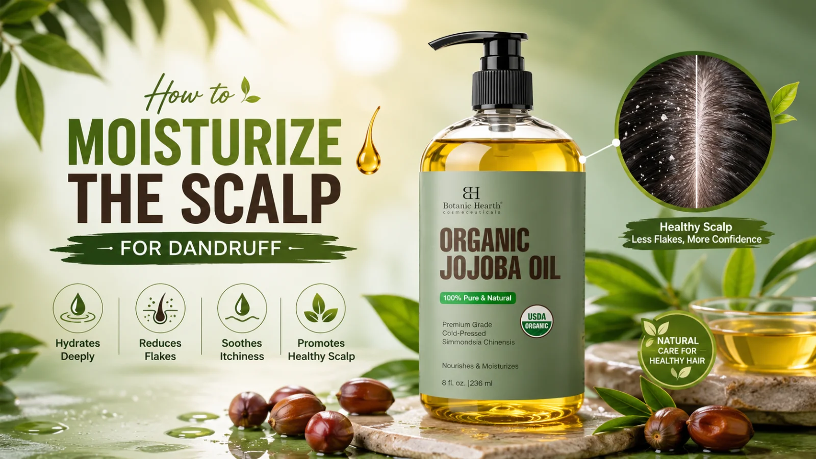 Organic jojoba oil bottle for moisturizing scalp and healthy hair care
