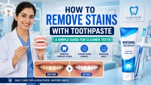 Dentist showing toothpaste and toothbrush for removing teeth stains and improving smile