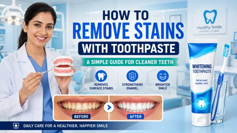 Dentist showing toothpaste and toothbrush for removing teeth stains and improving smile