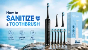Electric toothbrush with cleaning steps for how to sanitize a toothbrush properly