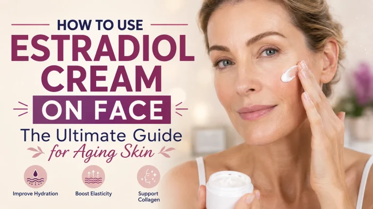 Woman applying estradiol cream to her face with healthy glowing skin, illustrating safe estradiol cream use for aging skin and menopause-related skincare.