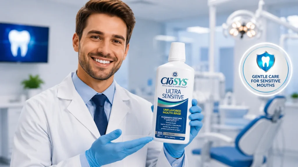 Dentist holding mouthwash bottle showing the correct oral care routine