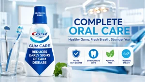 Crest Gum Care mouthwash bottle in a dental clinic setting showing oral care routine and healthy gum support.
