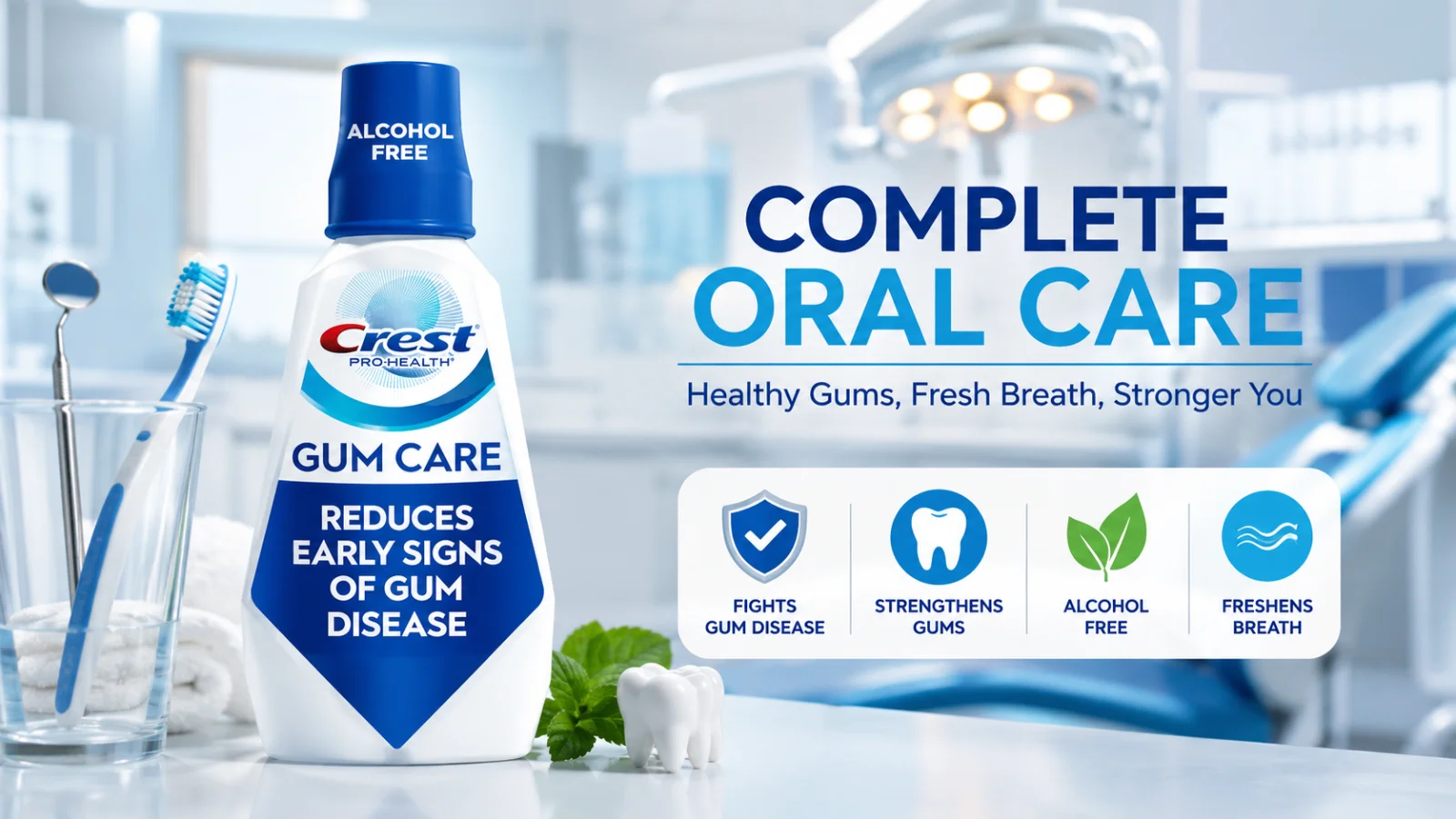 Crest Gum Care mouthwash bottle in a dental clinic setting showing oral care routine and healthy gum support.