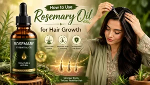 Woman applying rosemary oil to scalp for healthier hair growth with natural rosemary essential oil