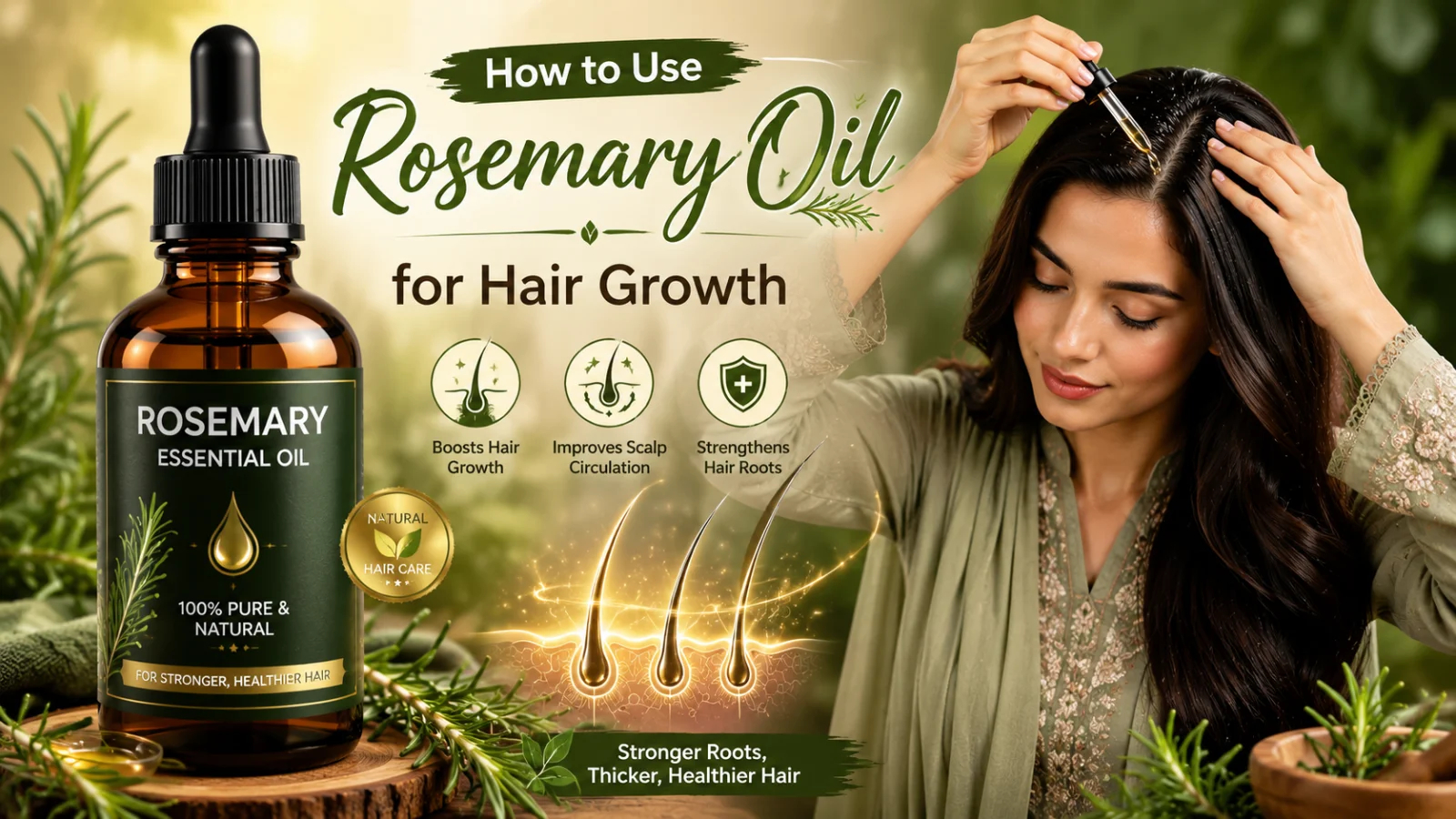 Woman applying rosemary oil to scalp for healthier hair growth with natural rosemary essential oil