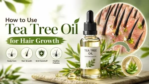 How to use tea tree oil for hair growth infographic showing scalp care, hair growth benefits, and healthy follicles