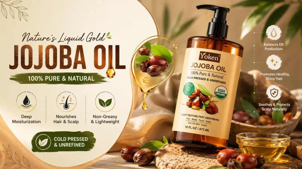 Jojoba oil bottle for moisturizing hair and scalp care