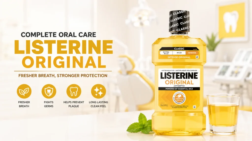 Listerine Original mouthwash bottle displayed in a bright dental clinic for oral care