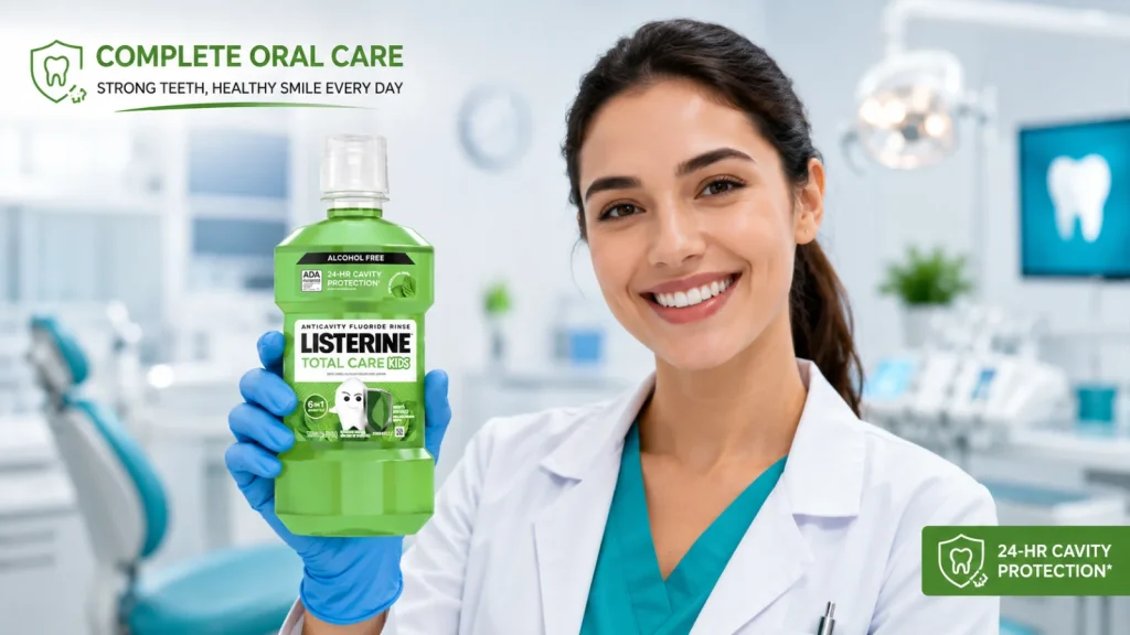 Smiling dentist holding Listerine Total Care Kids mouthwash in a modern dental clinic