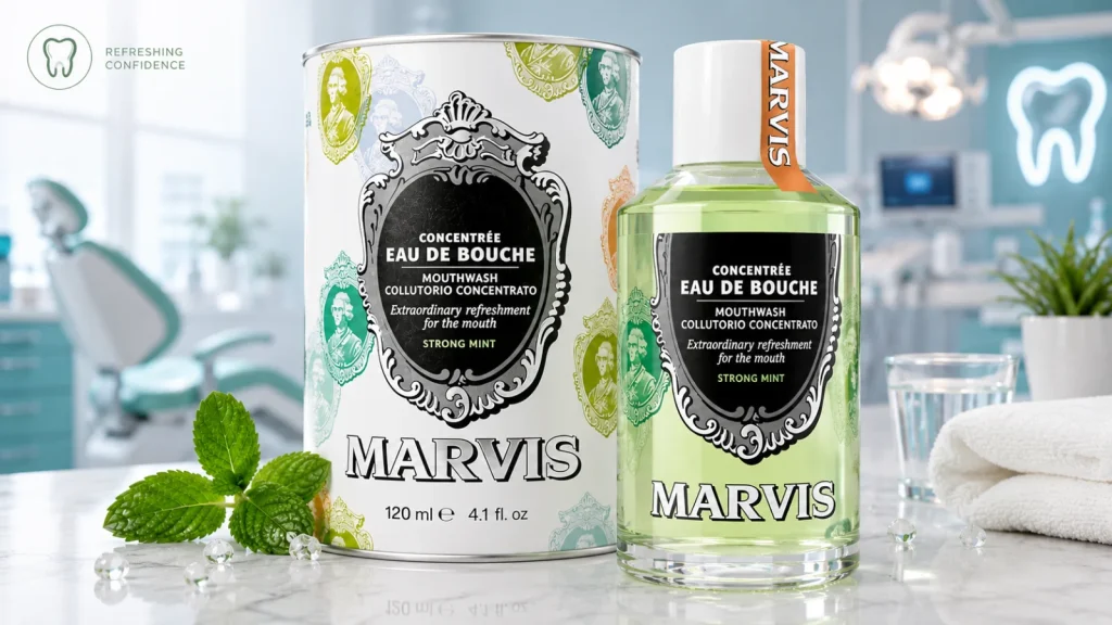 Marvis mouthwash bottle with dental clinic background for fresh breath and oral care