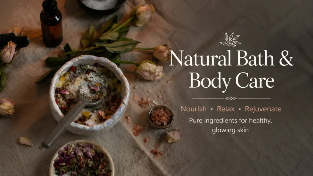 Natural bath salt with dried rose petals and essential oils arranged on a rustic linen surface for organic skincare and spa treatment.