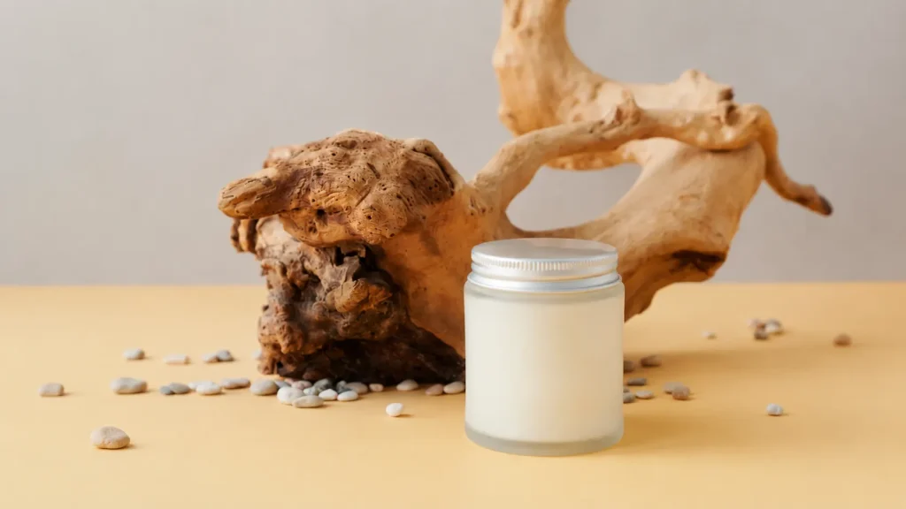 Natural beef tallow moisturizer in a minimalist glass jar with rustic wood decor and neutral background for clean skincare.
