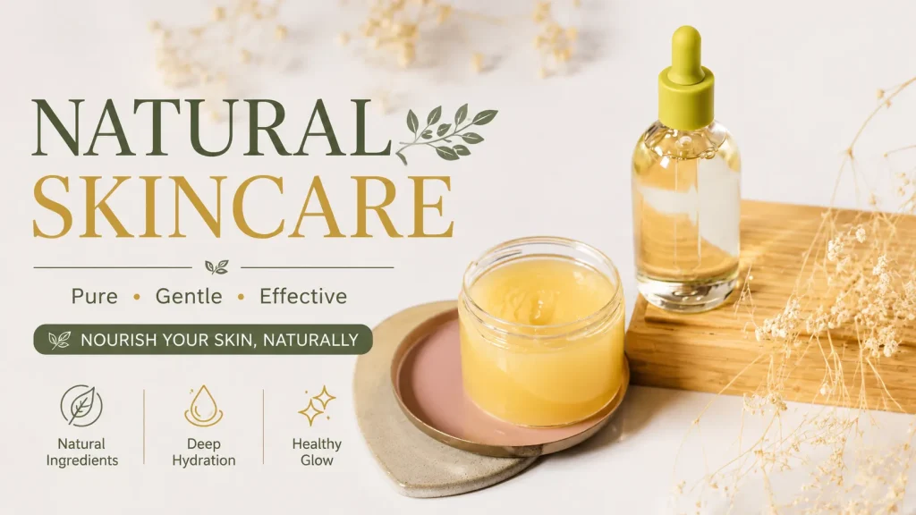 Natural face serum and moisturizing balm displayed with dried flowers on a minimalist background for organic skincare and clean beauty routines.