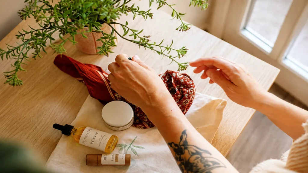 Natural skincare products on a wooden table with organic beauty essentials and a minimalist self-care routine setup.