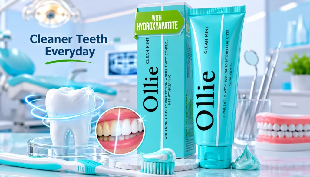Ollie hydroxyapatite toothpaste with toothbrush in a dental clinic for cleaner and healthier teeth